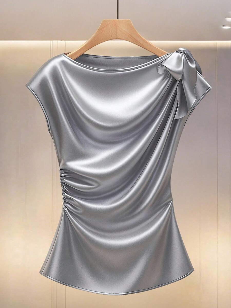 Modelyn Blusa de satén de unicolor con pliegues y lazo en la cintura - Azul - Ver 1