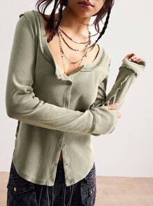 Bohemela Áo thun dệt trơn cổ điển dành cho nữ, phong cách Bohemian giản dị ngày độc lập, mùa thu - xanh quân đội - Xem 6