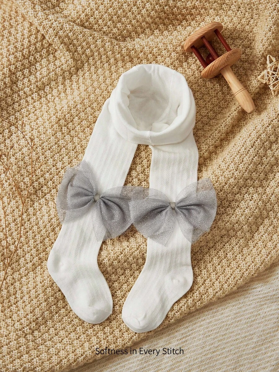 Cozy Pixies 1 件装女婴厚款蝴蝶结装饰紧身裤，适合户外穿着 - 白色 - 查看 1