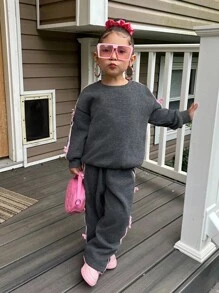 SHEIN 2 件套年轻女孩拼色蝴蝶结运动衫和紧身裤套装，休闲日常百搭时尚 - 黑色 - 查看 5