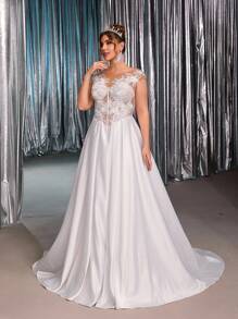 Glamrae 大码优雅浪漫奢华白色网眼刺绣船领串珠荷叶边长裙，带可拆卸拖尾，适合晚会、婚礼、蜜月、新娘 - 白色 - 查看 7