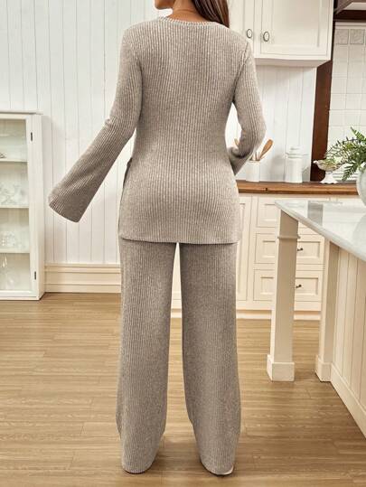 SHEIN 2pcs Maternity Casual Ribbed Long Sleeve Top & Pants Set Fall Clothes Two Pieces Knit Women Comfy 2 Lounge Sets Woman Suits Comfortable