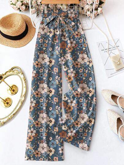 SHEIN LUNE 休闲复古花卉图案女士腰系带宽松裤，适合秋夏季