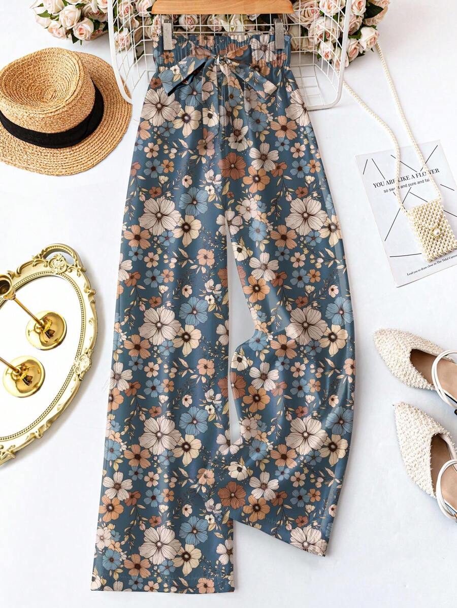 SHEIN LUNE 休闲复古花卉图案女士腰系带宽松裤，适合秋夏季 - 藍色 - 查看 1