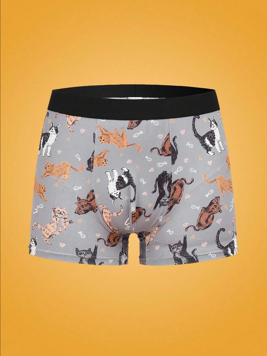 Manfinity Men's Fashionable Cat Heart & Fish Print Boxer Briefs - Dark Grey - View 1