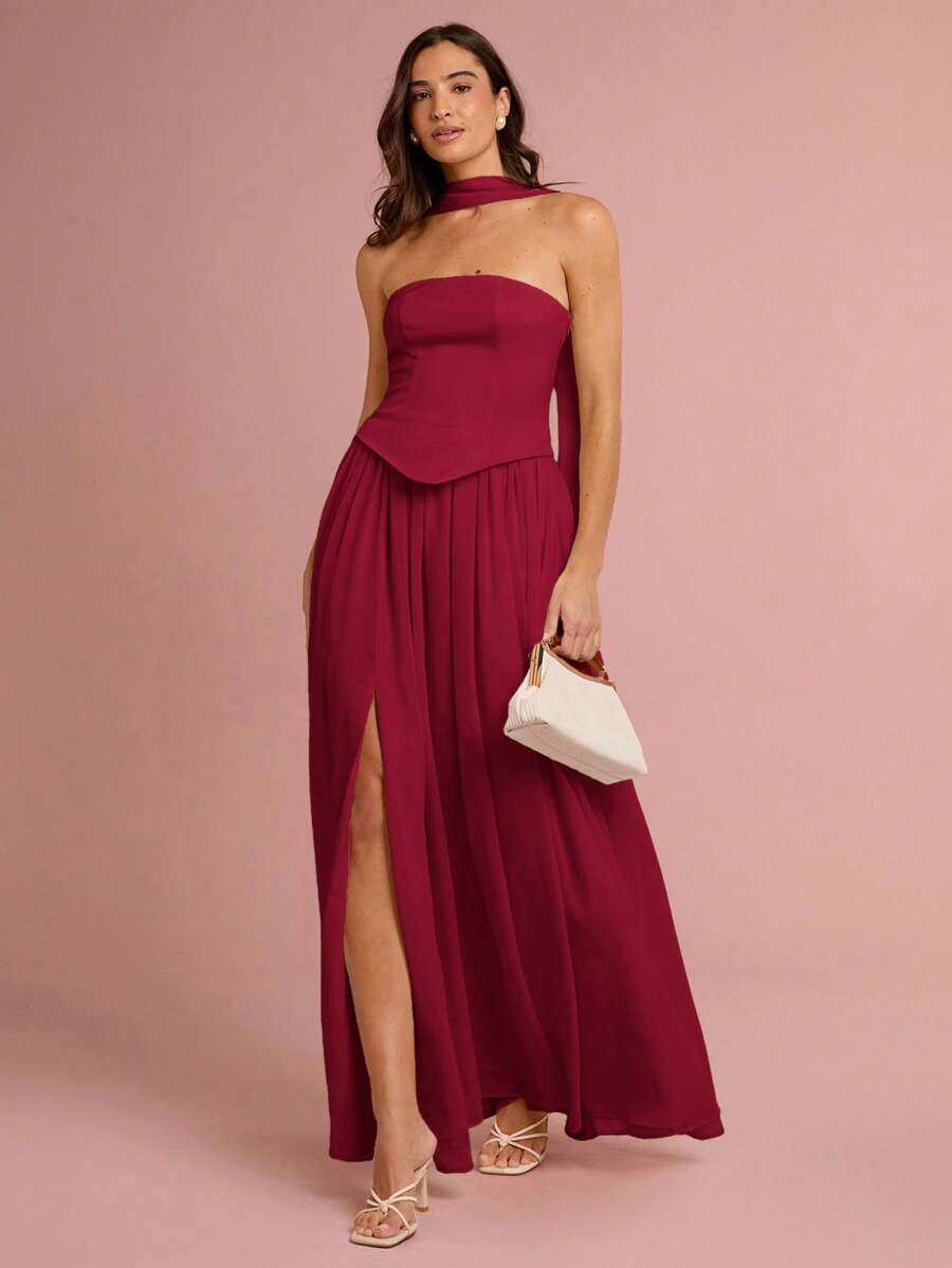 Enchnt Women's Solid Color Minimalist Casual Split Hem Dress,Wedding Guest Dress - Burgundy - View 1