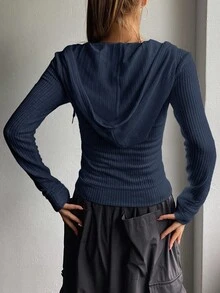 EURMUSE 女式纯色简约休闲长袖常规款运动衫 - 藏蓝色 - 查看 2