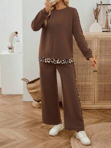 EMERY ROSE 女士休闲豹纹拼布卫衣和裤子两件套，秋冬两件套女士棕色两件套女士豹纹两件套两件套休闲套装女士女士棕色休闲套装 - 巧克力棕 - 查看 5