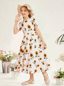 SHEIN Tween Girl Allover Sunflower Print Dress - White - View 5