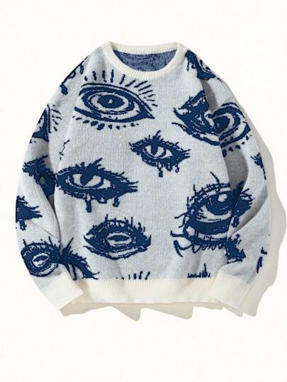 Chillumni Round Neck Knitted Pullover For Men, Soft & Solid Color, Dropped Shoulder, Versatile, Business/Commute Wear, Autumn/Winter Eye Sweater Mens Graphic Sweater Graphic Sweater Mens Knit Sweater Y2k Sweater