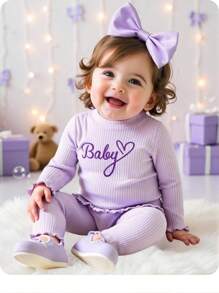 SHEIN 女宝宝可爱刺绣字母图案紫色针织长袖上衣和裤子套装 - 紫色 - 查看 1
