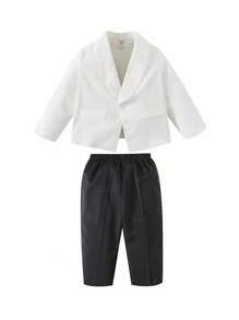 2pcs/Set Baby Boy Gentleman Outfit, White Blazer Jacket With Chest Flower Decor And Black Pants, Comfortable, Versatile, Classic Retro British Style, Suitable For Indoor, Outdoor, Daily, Sports, Play, Party, Photo Shoot, Holiday, Festival, Wedding, Baby Shower, Christening, 1st Birthday Tuxedo Suit Baby Boys Formal Wear White Blazer For Baby Boy, In Fall/Winter - Black and White - View 4