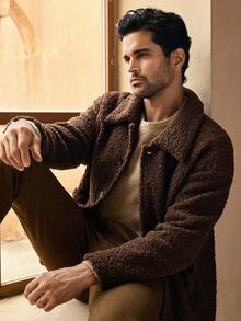 HIMLAND 男士休闲蓬松翻领宽松落肩长袖抓绒外套，棕色泰迪熊外套，男士羊羔绒外套，秋季时尚大地色系，冬季