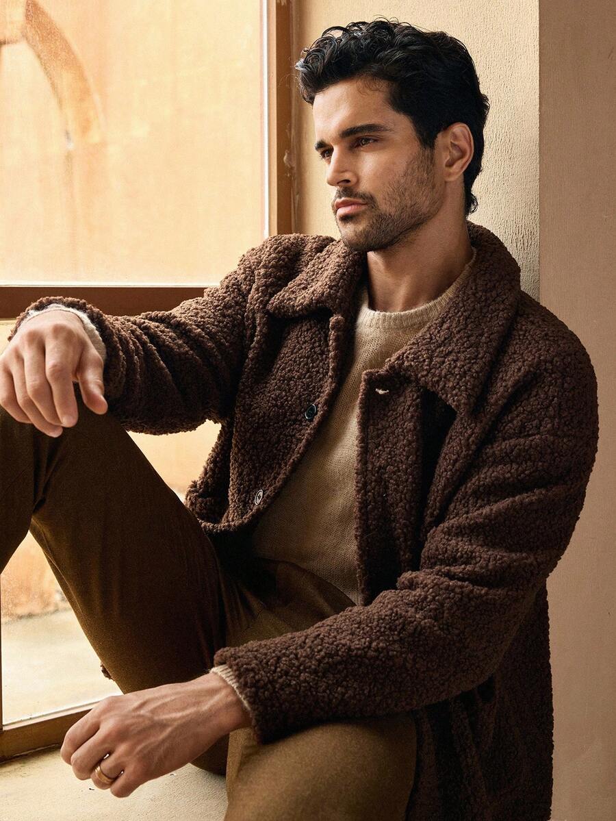 HIMLAND 男士休闲蓬松翻领宽松落肩长袖抓绒外套，棕色泰迪熊外套，男士羊羔绒外套，秋季时尚大地色系，冬季