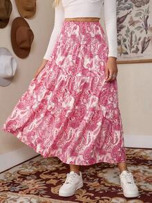 LanaWest Women's Boho Printed Drawstring Waist Long Skirt For Vacation And Daily Casual Wear, Spring/Summer