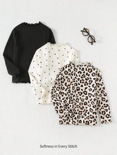 Cozy Pixies 3件套少女心豹纹纯色圆领长袖荷叶边下摆套头衫