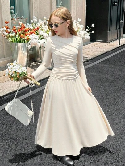 SHEIN Tween Girls Solid Beige Ruched Long Sleeve Long Dress, Casual Daily Autumn Winter Fall Elegant Dress A-Line Dress For Tween Girls In Apricot Color, Beige Dress For Teen Cream Dress For Teen Tween Dress Champagne Tween Dress Mother Daughter Outfits Long Sleeve Midi Dress Beige Dresses Girls Ivory Dress Matching Mother Daughter Dresses Teen Girls Elegant Long Sleeve Dresses Teen Elegant Long Sleeve Dresses
