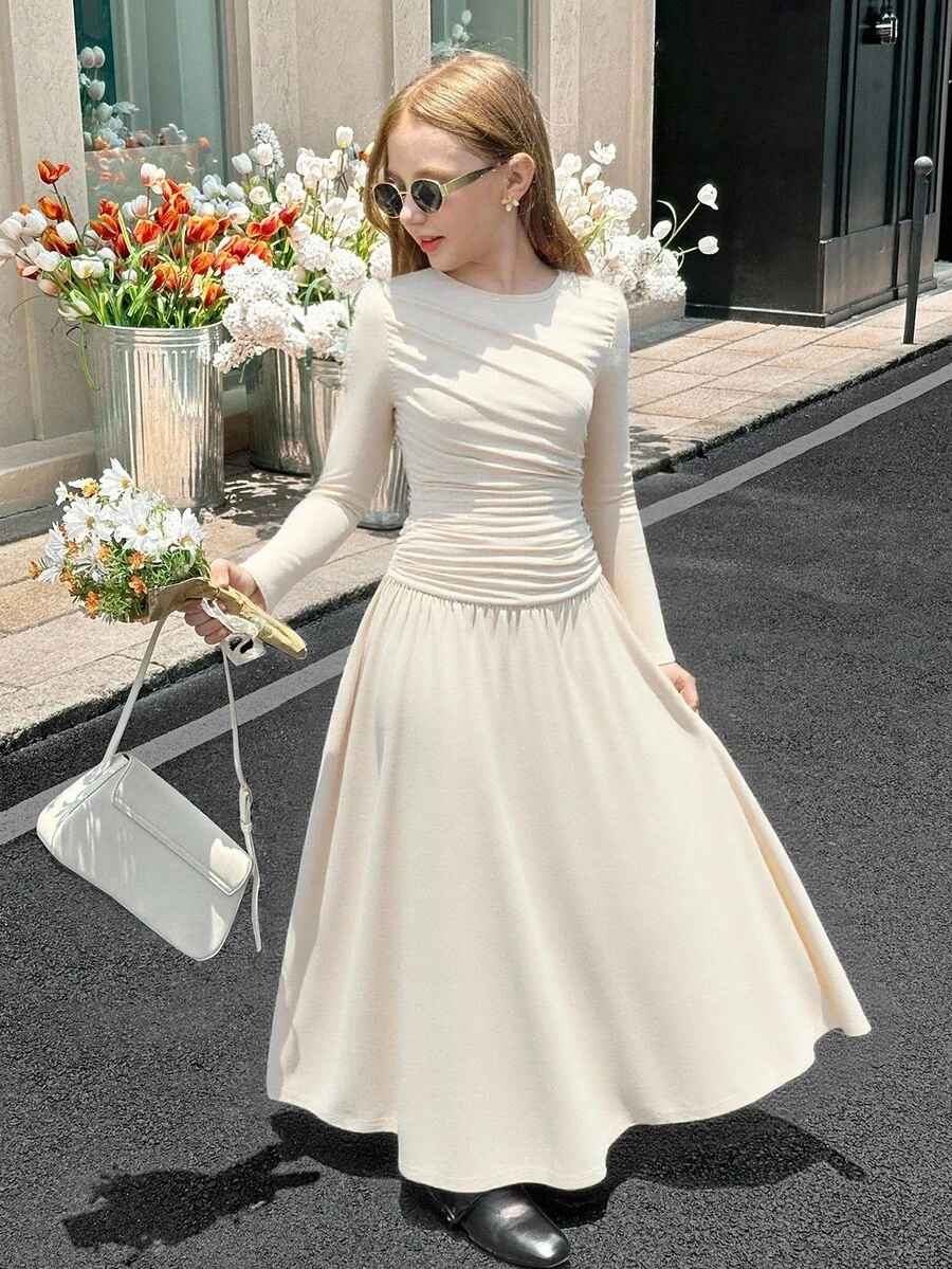 SHEIN 青少年女孩纯米色褶皱长袖长裙,休闲日常秋冬秋季优雅连衣裙 - 杏色 - 查看 1