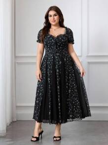 SHEIN MOD Robe longue à manches bouffantes avec ourlet asymétrique et imprimé floral de style rétro élégant pour grande taille, robes élégantes pour fête, robe d'anniversaire pour femmes, fête, Halloween