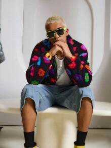 STEELVANCE 男士休闲花卉印花夹克，秋冬，2000 年代风格，秋季 - 黑色 - 查看 4