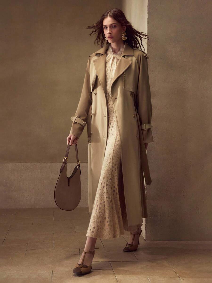 MOTF PREMIUM Áo khoác trench coat hai hàng khuy có thắt lưng - Màu Khaki - Xem 1