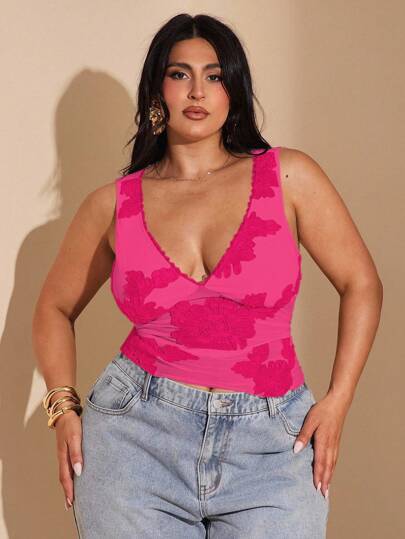 SHEIN BAE 大码女式优雅性感蕾丝花边 V 领无袖吊带背心，适合度假、日常约会、夜间外出、夜总会、派对、泳池派对、休闲度假、沙滩装