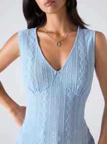 LYSMO Fashionable V-Neck Floral Striped Embroidered Top For Women - Blue - View 2