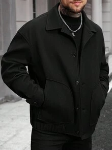 Manfinity Homme 男士休闲长袖纽扣外套，秋冬季，男士秋冬轻奢成熟休闲粗花呢翻领口袋保暖弹力袖口大衣 - 黑色 - 查看 5