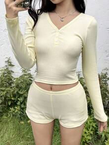 SHEIN Bộ 2 món/Bộ áo dài tay và quần short thường ngày mùa hè màu vàng kem cho bé gái, thích hợp mặc đi nghỉ hè, đi biển và mặc ở nhà - Màu vàng - Xem 2