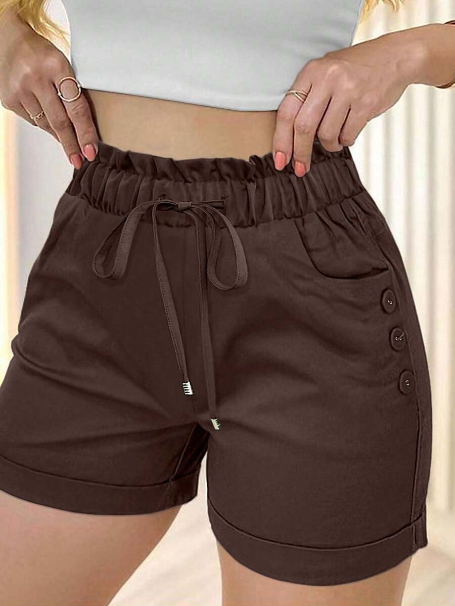 EMERY ROSE Women's Solid Color Elastic Waist Drawstring Casual Shorts With Pockets, Versatile - Coffee Brown - View 1