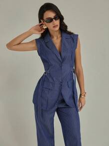 Modelyn 女士优雅竹节腰带两件套，时尚设计，适合春、夏、秋季 - 藍色 - 查看 2