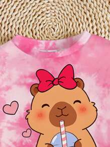 SHEIN Happikins 2pcs/Set Kids Girls Casual Cute Cartoon Capybara Print Tie-Dye Crew Neck Long Sleeve Sweatshirt And Leggings Outfit 7th Birthday - Multicolor - View 5