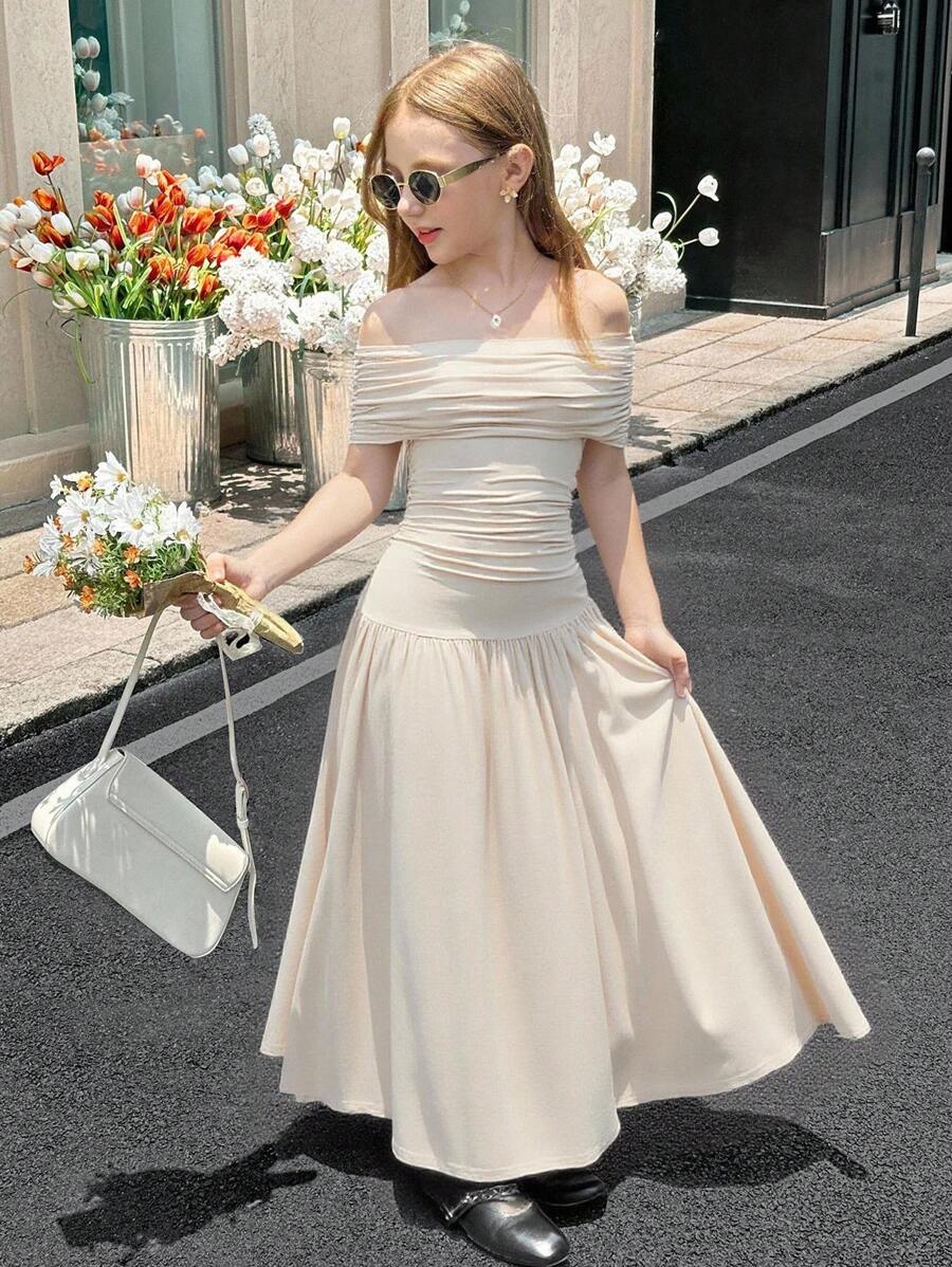 SHEIN Đầm dài xếp ly trễ vai thanh lịch cho bé gái tuổi teen, màu trơn, sang trọng khi trở lại trường - Màu be - Xem 1