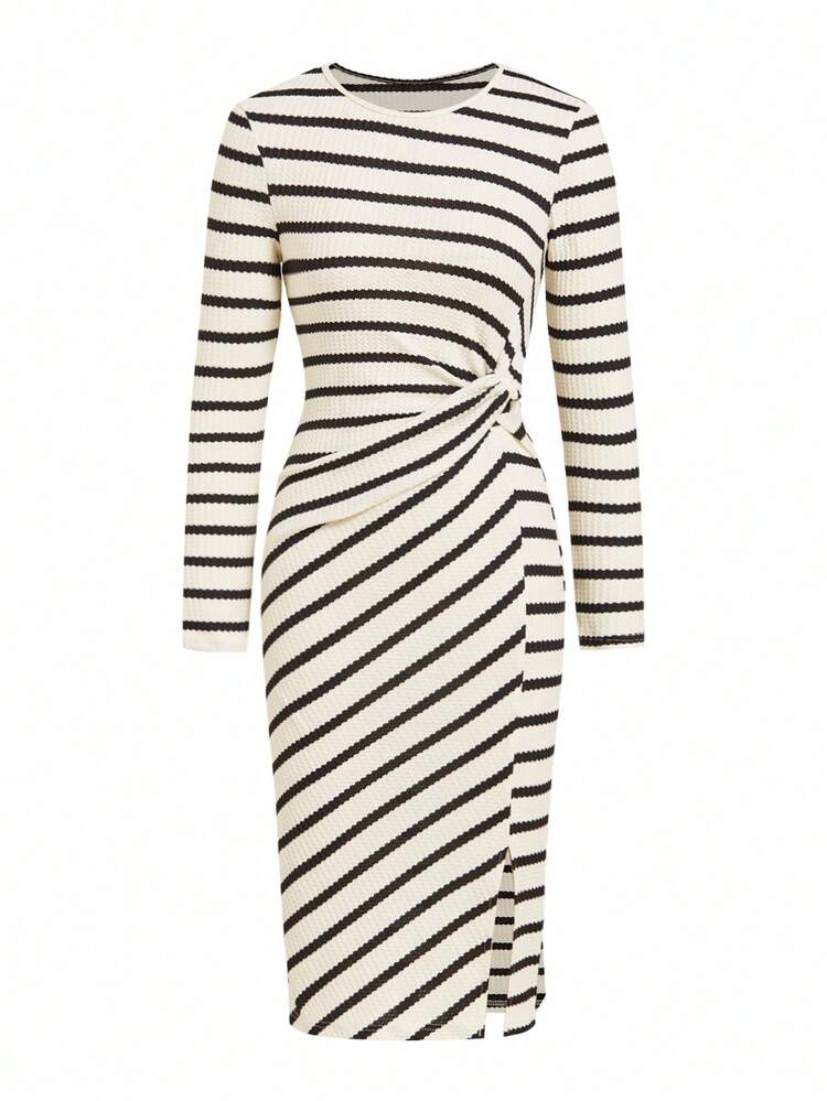 Ellevyn Women's Color Block Striped Round Neck Ruched Split Hem Long Sleeve Dress - Black and White - View 7