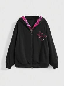 ROMWE J-Fashion Zebra Print Patchwork Black Rhinestone Decor Loose Fit Star Graphic Oversized Sweatshirt - Black - View 1