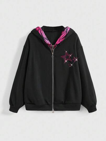 J-Fashion Felpa oversize con stampa a patchwork zebrato, decorata con strass neri e grafica a stelle, vestibilità morbida