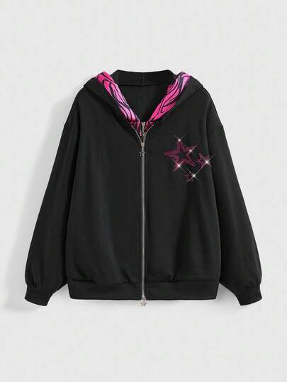 ROMWE J-Fashion Zebra Print Patchwork Black Rhinestone Decor 2 In 1 Plus Size Loose Sweatshirt