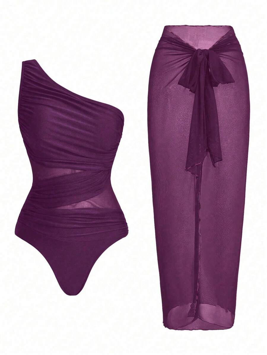 Swim Oasis 1pc Women's Solid Color One-Piece Ruched Swimsuit With Matching Shawl Top And Skirt For Vacation For Summer - Purple - View 1