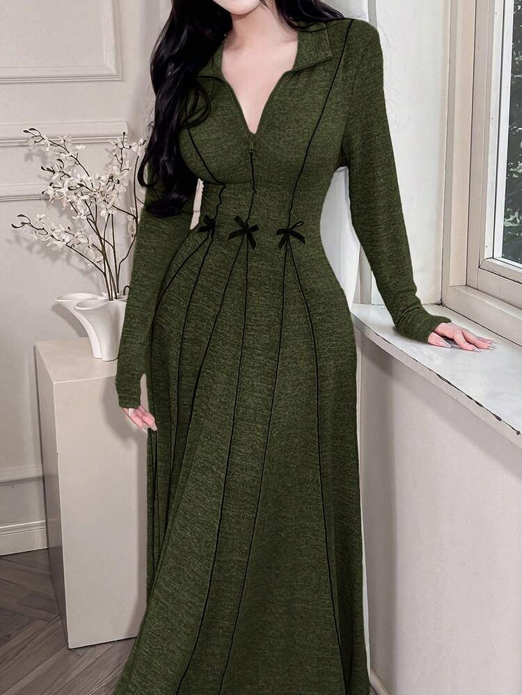 Feyla Women's Solid Color Minimalist Long Sleeve Arabic Style Dress, Everyday Wear - Army Green - View 5