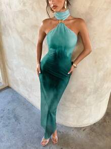 Aloruh 女士优雅性感蓝绿色渐变金属扣装饰镂空紧身弹力连衣裙，优雅约会，渐变色连衣裙，适合秋冬、派对、秋季女装 - 白色 - 查看 8