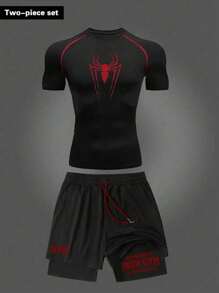 Manfinity Sport Corelite Set deportivo de 2 piezas para hombre, con top de manga corta y shorts con cordón, conjunto casual de entrenamiento para exteriores y gimnasio, transpirable