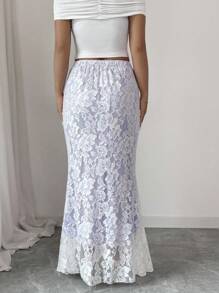 Elenzga New Elegant White Lace Skirt, High-Waist Slim-Fit A-Line Mermaid Hem Design, Sophisticated Style, Spring/Summer