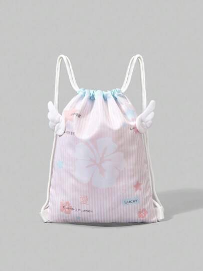 Pink Striped Star Drawstring Backpack With Transparent Zipper Pocket, Large Capacity Multi-Function Bag, Cute Anime Wings Design, Suitable For School, Vacation, Social, Shopping