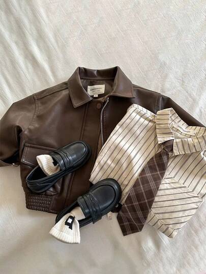 SHEIN Kids/Young Boy Casual Everyday Versatile Comfortable PU Collar Patch Pocket Loose Woven Thick Motorcycle Jacket, Suitable For School, Garden, Beach, Birthday, Spring, Summer, Fall, Winter