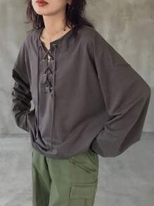 FRIFUL Áo thun dài tay cổ rút dây màu đen trơn cho nữ, dáng rộng, dễ mặc, đa năng, mùa thu - màu đen - Xem 2