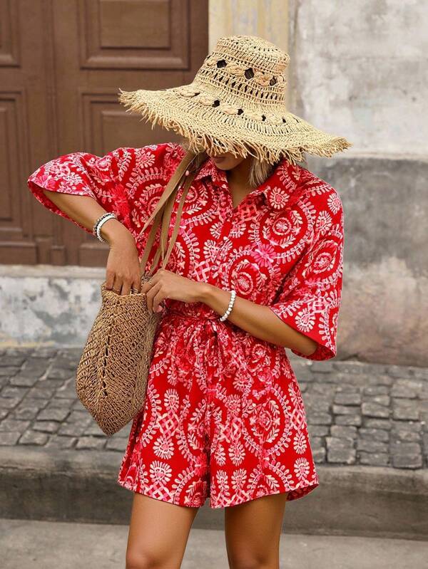 Brillora 女士全印花前扣系带休闲连体裤，波西米亚风，波西米亚风女装