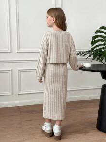 SHEIN Serisse Kids Tween Girl Casual Chic French Elegant Ribbed V-Neck Long Sleeve Fitted Cardigan Jacket With Slim Fit Maxi Dress Set, Suitable For Weekend, Casual Outing, Back To School, Tween Matching Set Knit, Knit Two Piece Set, Casual Two Piece Set, Girls Ribbed Set, Girl Knit Set Fall Winter