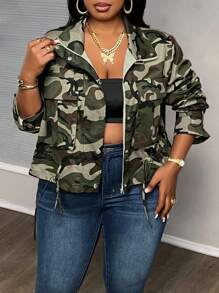 SHEIN CURVE+ Curves 大码/学校服装/返校服装/返校女士大码迷彩印花抽绳下摆夹克，秋季休闲外套迷彩夹克大码迷彩夹克女式迷彩夹克女式大码迷彩外套女式秋装、冬季、CURVE PLUS - 彩色 - 查看 5
