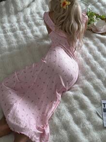 CottageSlumber 女式碎花睡袍，荷叶边领，可爱舒适的长裙 - 粉色 - 查看 2