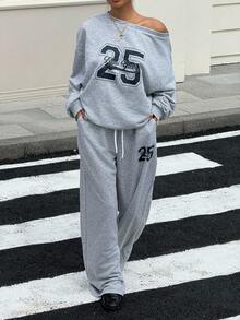 SHEIN EZwear Conjunto de 2 piezas con top de manga larga con estampado de letras y números en cuello asimétrico y pantalones largos con cordón en la cintura para mujer